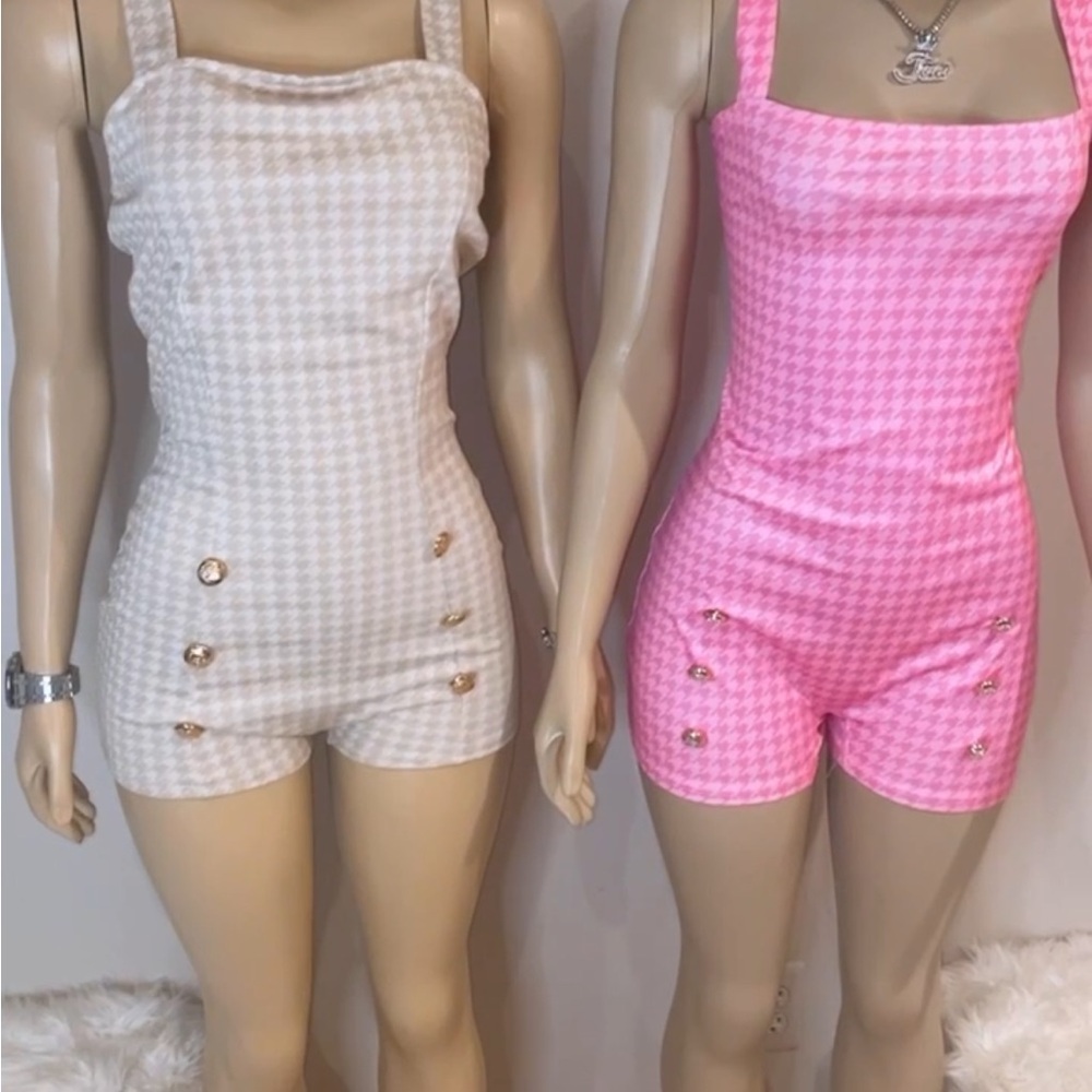 Stylish Pink and Cream Houndstooth Rompers
